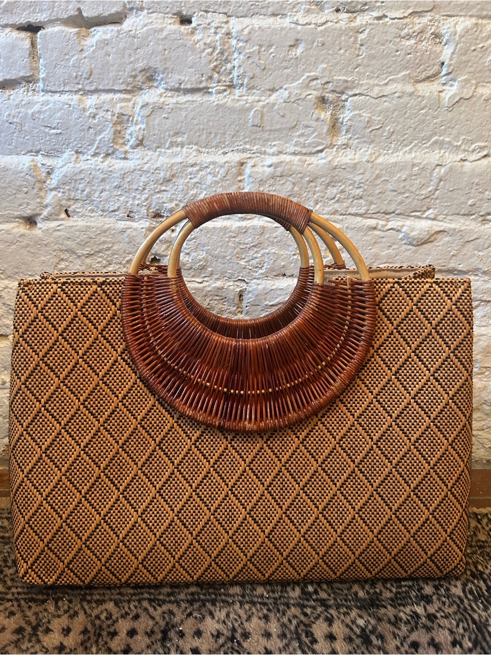 Woven Tan Circle-Handle Tote Bag